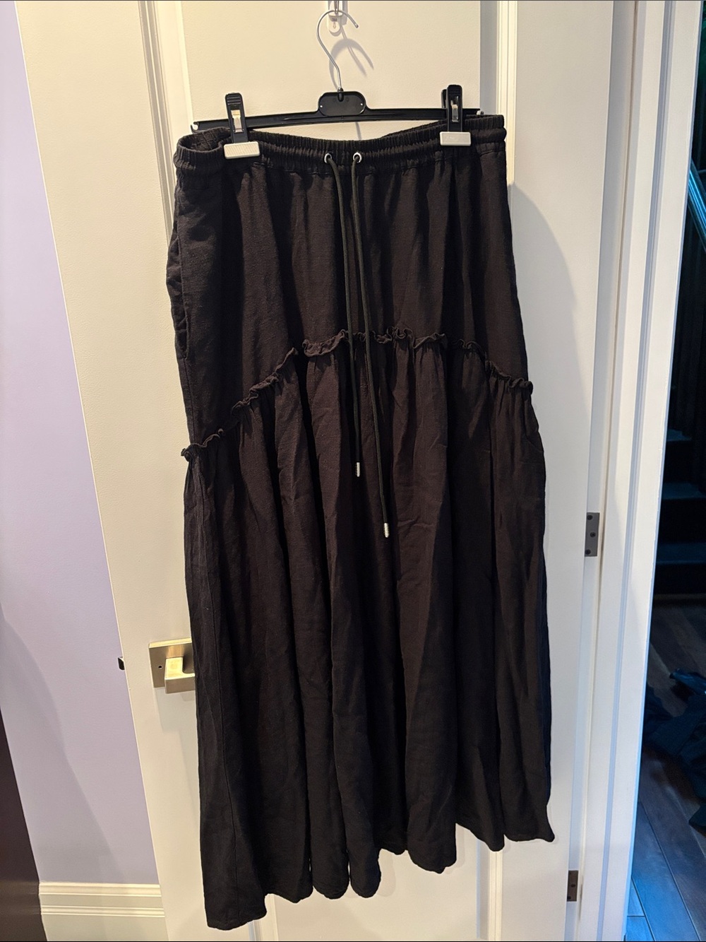 Women’s Black Tiered Drawstring Maxi Skirt